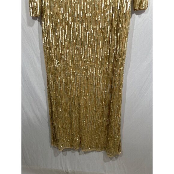 NWT $598 Mac Duggal [ 12 ] Sequined Long Sleeve V Neck Beaded Fringe Gown Gold‎ - Picture 10 of 15